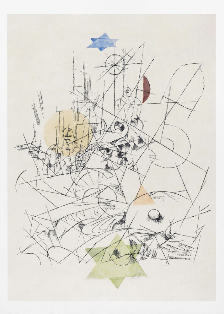 An abstract modernist artwork in a black frame, featuring a chaotic composition of black ink lines on a cream background. The drawing is overlaid with several transparent watercolor shapes: a blue Star of David at the top, a light green one at the bottom, a yellow circle, and other colored geometric forms. Print