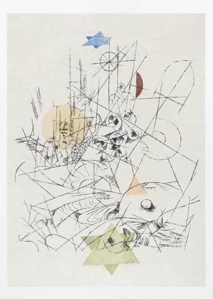 An abstract modernist artwork in a black frame, featuring a chaotic composition of black ink lines on a cream background. The drawing is overlaid with several transparent watercolor shapes: a blue Star of David at the top, a light green one at the bottom, a yellow circle, and other colored geometric forms. Print