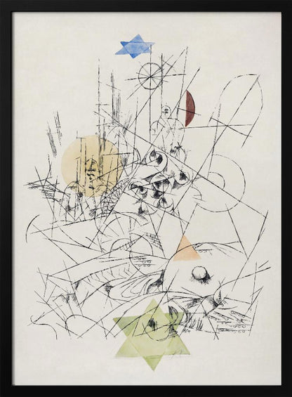 An abstract modernist artwork in a black frame, featuring a chaotic composition of black ink lines on a cream background. The drawing is overlaid with several transparent watercolor shapes: a blue Star of David at the top, a light green one at the bottom, a yellow circle, and other colored geometric forms. Print