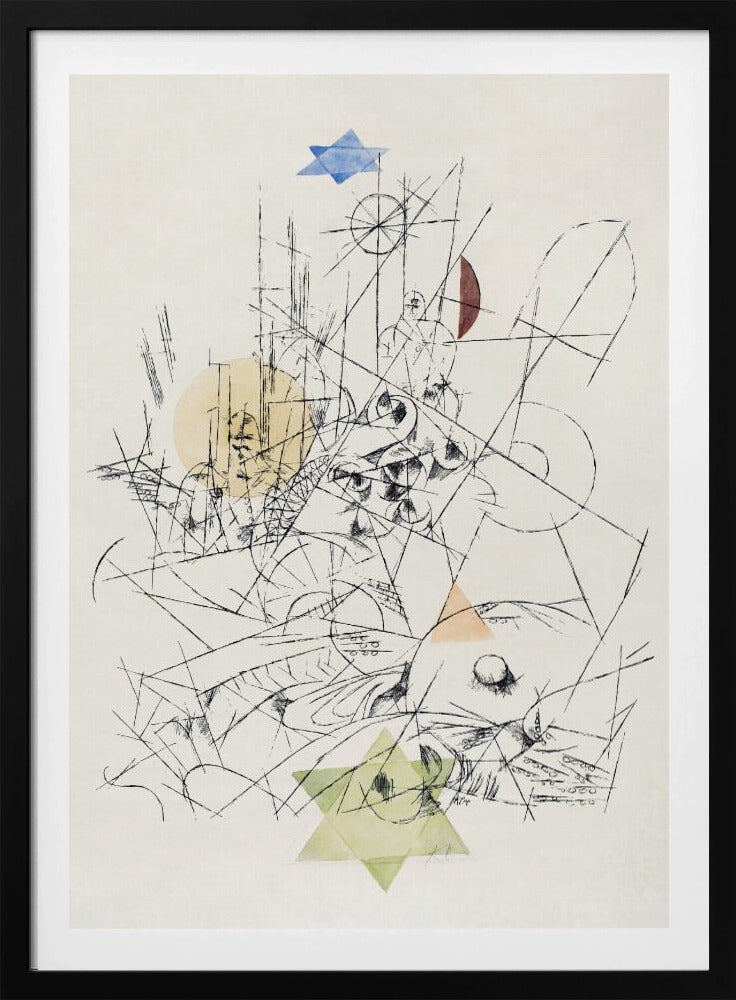 An abstract modernist artwork in a black frame, featuring a chaotic composition of black ink lines on a cream background. The drawing is overlaid with several transparent watercolor shapes: a blue Star of David at the top, a light green one at the bottom, a yellow circle, and other colored geometric forms. Print