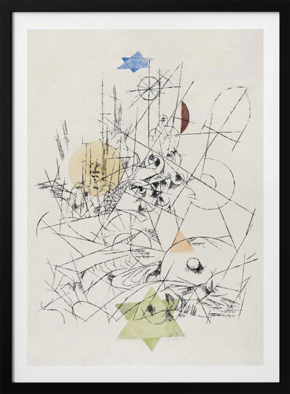 An abstract modernist artwork in a black frame, featuring a chaotic composition of black ink lines on a cream background. The drawing is overlaid with several transparent watercolor shapes: a blue Star of David at the top, a light green one at the bottom, a yellow circle, and other colored geometric forms. Print