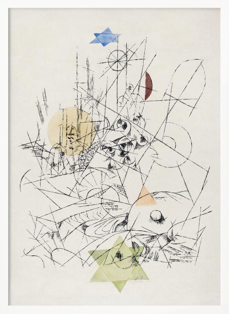 An abstract modernist artwork in a black frame, featuring a chaotic composition of black ink lines on a cream background. The drawing is overlaid with several transparent watercolor shapes: a blue Star of David at the top, a light green one at the bottom, a yellow circle, and other colored geometric forms. Print