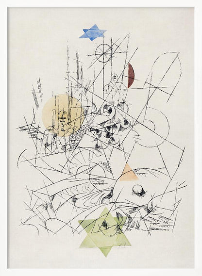 An abstract modernist artwork in a black frame, featuring a chaotic composition of black ink lines on a cream background. The drawing is overlaid with several transparent watercolor shapes: a blue Star of David at the top, a light green one at the bottom, a yellow circle, and other colored geometric forms. Print