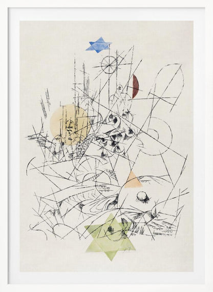 An abstract modernist artwork in a black frame, featuring a chaotic composition of black ink lines on a cream background. The drawing is overlaid with several transparent watercolor shapes: a blue Star of David at the top, a light green one at the bottom, a yellow circle, and other colored geometric forms. Print
