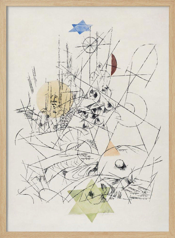 An abstract modernist artwork in a black frame, featuring a chaotic composition of black ink lines on a cream background. The drawing is overlaid with several transparent watercolor shapes: a blue Star of David at the top, a light green one at the bottom, a yellow circle, and other colored geometric forms. Print