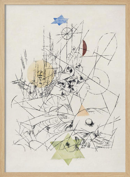 An abstract modernist artwork in a black frame, featuring a chaotic composition of black ink lines on a cream background. The drawing is overlaid with several transparent watercolor shapes: a blue Star of David at the top, a light green one at the bottom, a yellow circle, and other colored geometric forms. Print