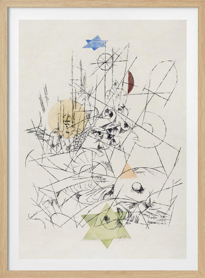 An abstract modernist artwork in a black frame, featuring a chaotic composition of black ink lines on a cream background. The drawing is overlaid with several transparent watercolor shapes: a blue Star of David at the top, a light green one at the bottom, a yellow circle, and other colored geometric forms. Print
