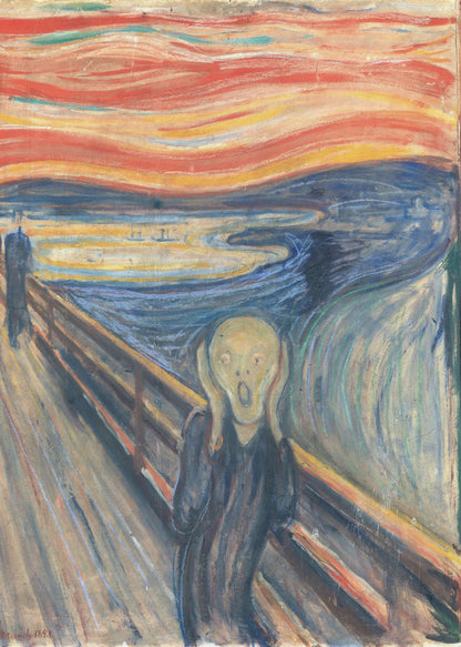 A framed print of Edvard Munch's famous painting 'The Scream,' depicting an anguished figure holding its head and screaming under a swirling, fiery red and orange sky. The figure stands on a bridge overlooking a dark blue fjord, with two distant figures in the background. Decor