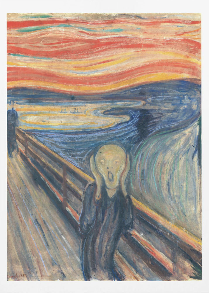 A framed print of Edvard Munch's famous painting 'The Scream,' depicting an anguished figure holding its head and screaming under a swirling, fiery red and orange sky. The figure stands on a bridge overlooking a dark blue fjord, with two distant figures in the background. Decor