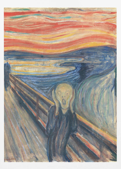 A framed print of Edvard Munch's famous painting 'The Scream,' depicting an anguished figure holding its head and screaming under a swirling, fiery red and orange sky. The figure stands on a bridge overlooking a dark blue fjord, with two distant figures in the background. Decor