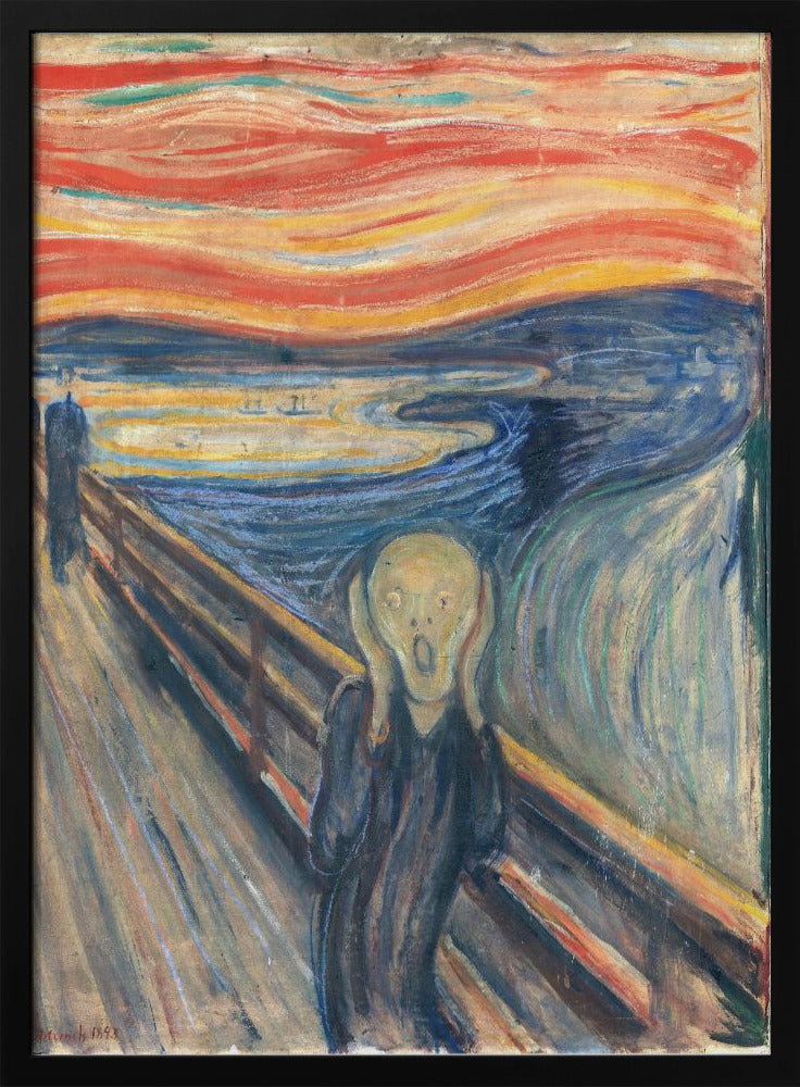 A framed print of Edvard Munch's famous painting 'The Scream,' depicting an anguished figure holding its head and screaming under a swirling, fiery red and orange sky. The figure stands on a bridge overlooking a dark blue fjord, with two distant figures in the background. Decor
