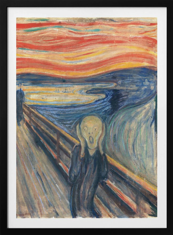 A framed print of Edvard Munch's famous painting 'The Scream,' depicting an anguished figure holding its head and screaming under a swirling, fiery red and orange sky. The figure stands on a bridge overlooking a dark blue fjord, with two distant figures in the background. Decor
