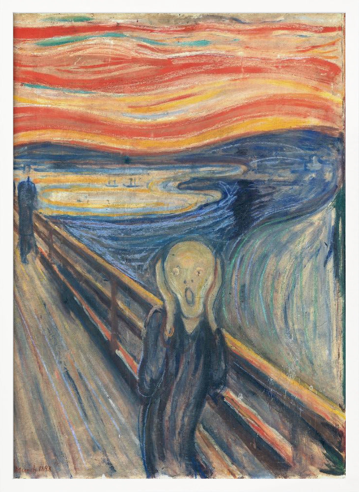 A framed print of Edvard Munch's famous painting 'The Scream,' depicting an anguished figure holding its head and screaming under a swirling, fiery red and orange sky. The figure stands on a bridge overlooking a dark blue fjord, with two distant figures in the background. Decor
