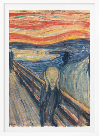 A framed print of Edvard Munch's famous painting 'The Scream,' depicting an anguished figure holding its head and screaming under a swirling, fiery red and orange sky. The figure stands on a bridge overlooking a dark blue fjord, with two distant figures in the background. Decor