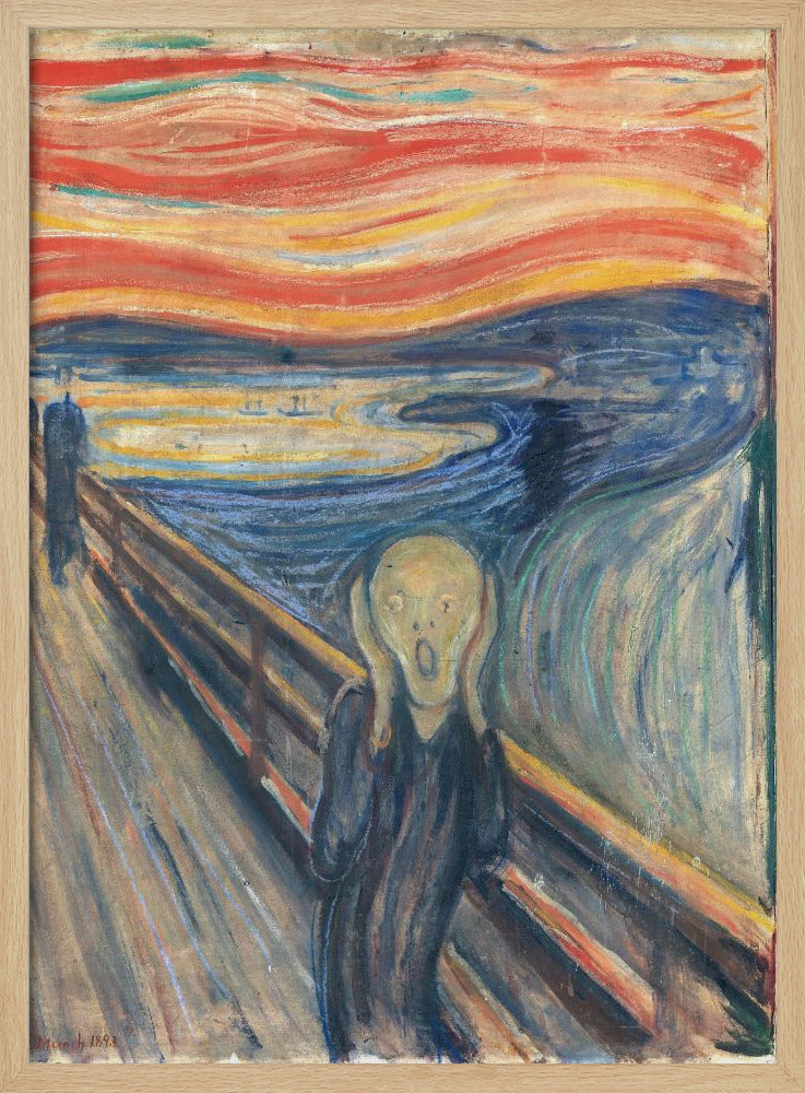A framed print of Edvard Munch's famous painting 'The Scream,' depicting an anguished figure holding its head and screaming under a swirling, fiery red and orange sky. The figure stands on a bridge overlooking a dark blue fjord, with two distant figures in the background. Decor