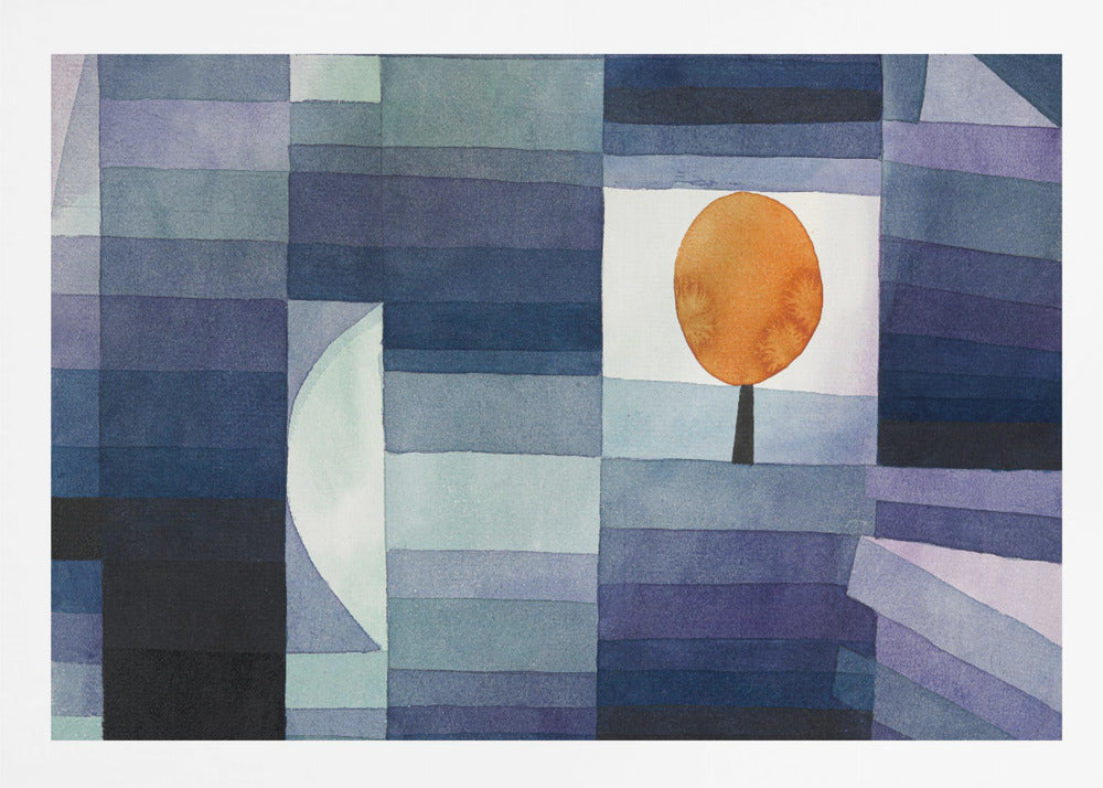 A framed abstract watercolor painting by Paul Klee, featuring a geometric background of horizontal stripes in various shades of blue and purple. A single stylized tree with a vibrant orange, circular top is set against a white background, creating a stark contrast. Poster