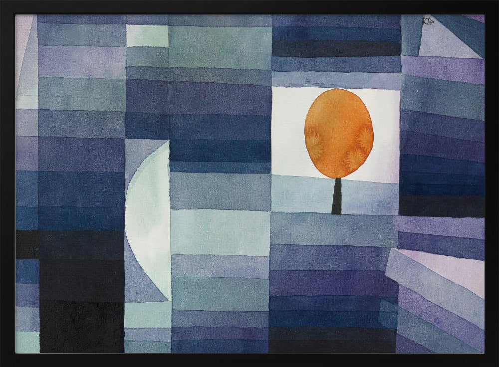 A framed abstract watercolor painting by Paul Klee, featuring a geometric background of horizontal stripes in various shades of blue and purple. A single stylized tree with a vibrant orange, circular top is set against a white background, creating a stark contrast. Poster