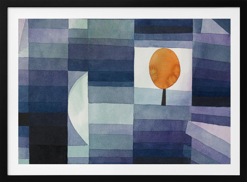 A framed abstract watercolor painting by Paul Klee, featuring a geometric background of horizontal stripes in various shades of blue and purple. A single stylized tree with a vibrant orange, circular top is set against a white background, creating a stark contrast. Poster