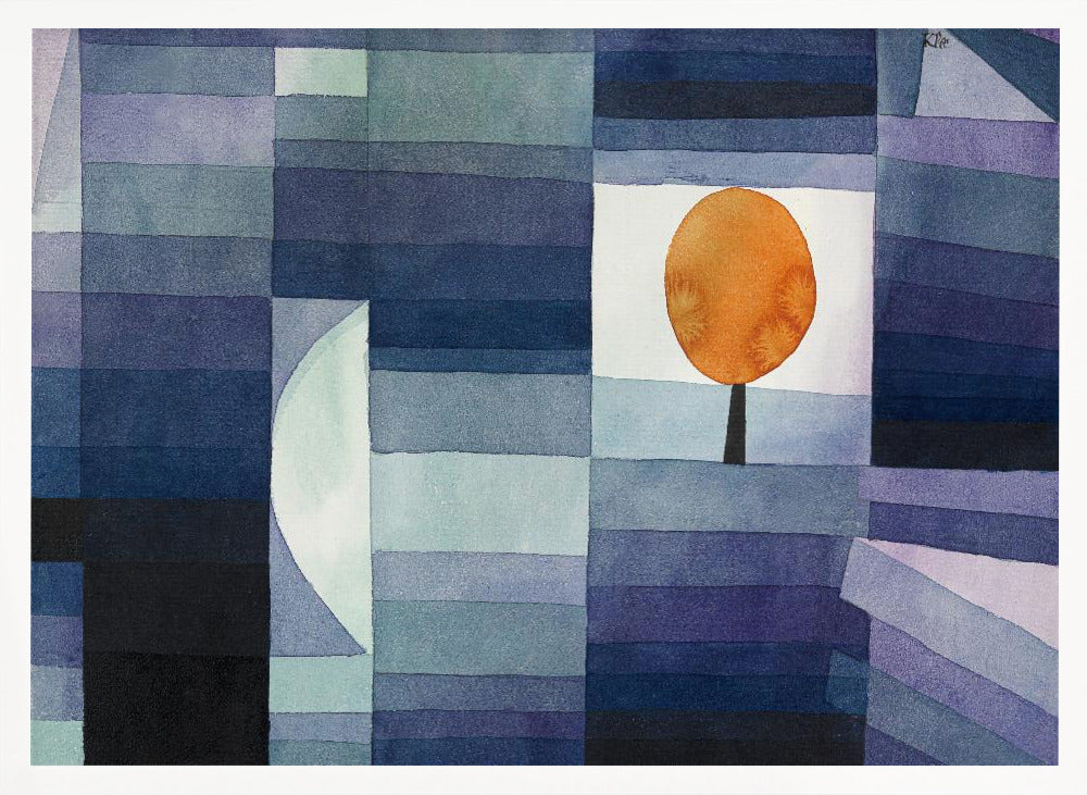 A framed abstract watercolor painting by Paul Klee, featuring a geometric background of horizontal stripes in various shades of blue and purple. A single stylized tree with a vibrant orange, circular top is set against a white background, creating a stark contrast. Poster
