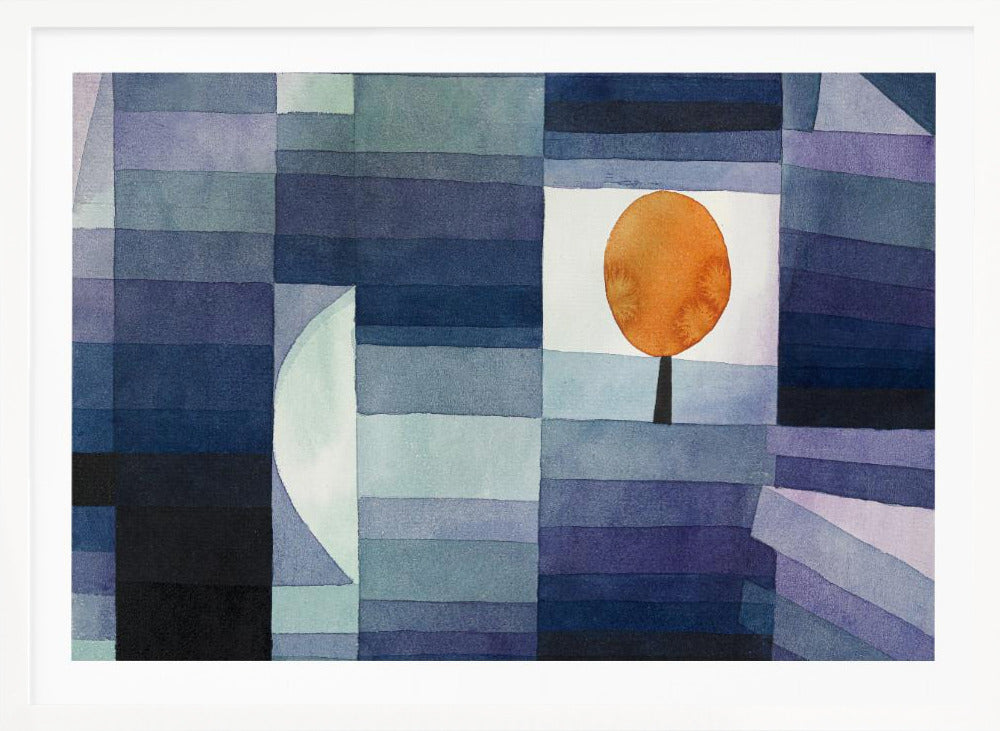 A framed abstract watercolor painting by Paul Klee, featuring a geometric background of horizontal stripes in various shades of blue and purple. A single stylized tree with a vibrant orange, circular top is set against a white background, creating a stark contrast. Poster