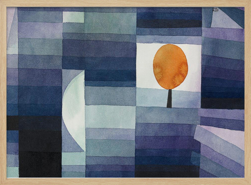 A framed abstract watercolor painting by Paul Klee, featuring a geometric background of horizontal stripes in various shades of blue and purple. A single stylized tree with a vibrant orange, circular top is set against a white background, creating a stark contrast. Poster