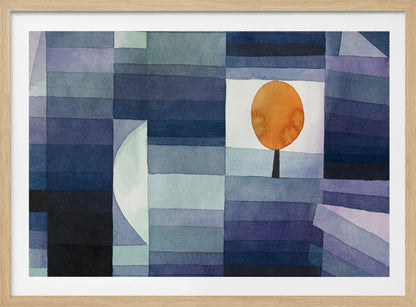 A framed abstract watercolor painting by Paul Klee, featuring a geometric background of horizontal stripes in various shades of blue and purple. A single stylized tree with a vibrant orange, circular top is set against a white background, creating a stark contrast. Poster