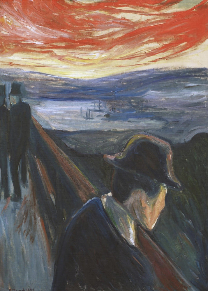 An expressionist painting by Edvard Munch titled 'Despair,' showing a man in a dark hat and coat from behind, leaning on a railing of a bridge under a turbulent red and orange sky. In the background, two other figures walk away, and a somber blue landscape with a fjord is visible. Poster