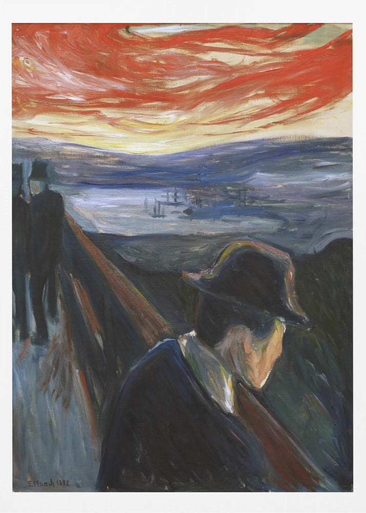 An expressionist painting by Edvard Munch titled 'Despair,' showing a man in a dark hat and coat from behind, leaning on a railing of a bridge under a turbulent red and orange sky. In the background, two other figures walk away, and a somber blue landscape with a fjord is visible. Poster
