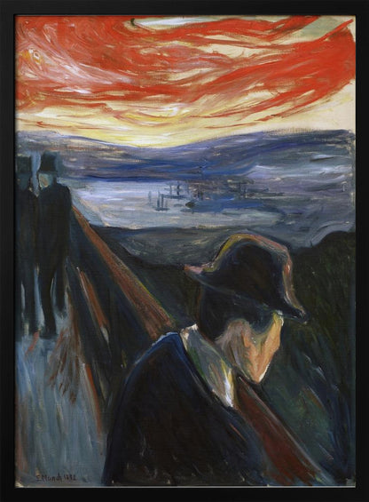 An expressionist painting by Edvard Munch titled 'Despair,' showing a man in a dark hat and coat from behind, leaning on a railing of a bridge under a turbulent red and orange sky. In the background, two other figures walk away, and a somber blue landscape with a fjord is visible. Poster