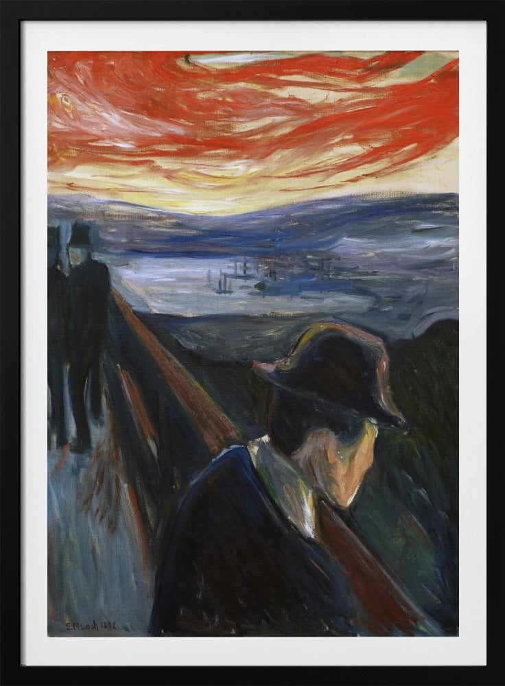 An expressionist painting by Edvard Munch titled 'Despair,' showing a man in a dark hat and coat from behind, leaning on a railing of a bridge under a turbulent red and orange sky. In the background, two other figures walk away, and a somber blue landscape with a fjord is visible. Poster