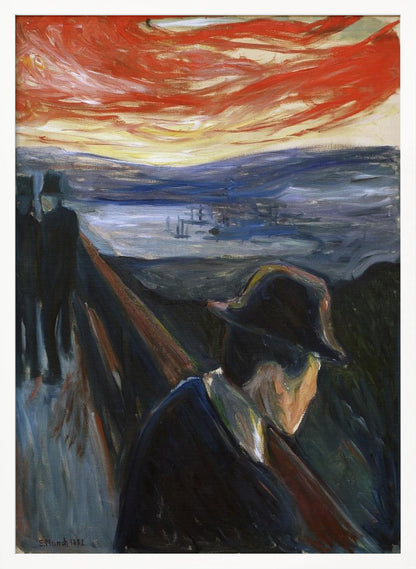 An expressionist painting by Edvard Munch titled 'Despair,' showing a man in a dark hat and coat from behind, leaning on a railing of a bridge under a turbulent red and orange sky. In the background, two other figures walk away, and a somber blue landscape with a fjord is visible. Poster