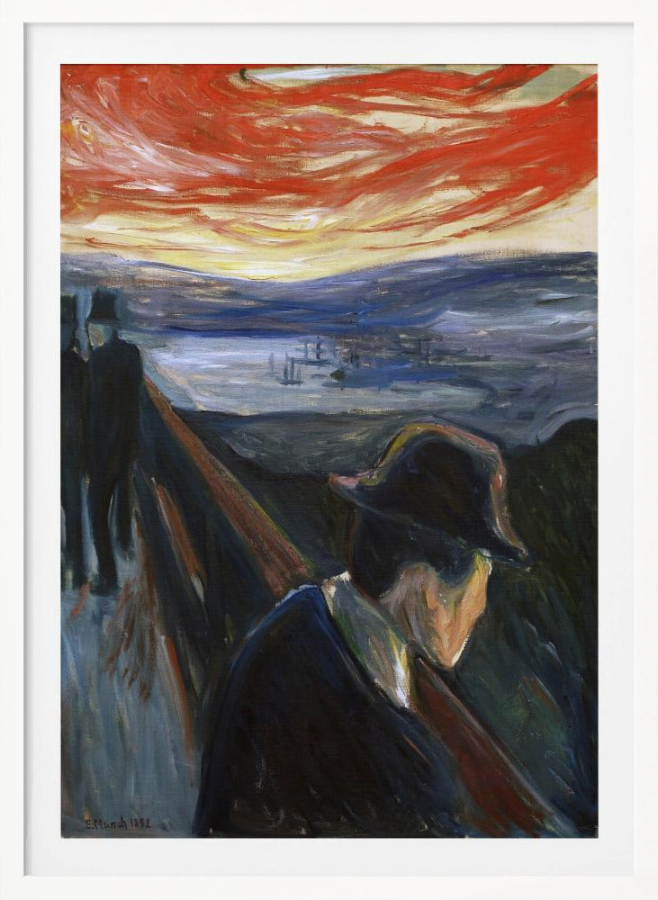 An expressionist painting by Edvard Munch titled 'Despair,' showing a man in a dark hat and coat from behind, leaning on a railing of a bridge under a turbulent red and orange sky. In the background, two other figures walk away, and a somber blue landscape with a fjord is visible. Poster