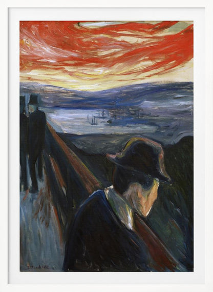 An expressionist painting by Edvard Munch titled 'Despair,' showing a man in a dark hat and coat from behind, leaning on a railing of a bridge under a turbulent red and orange sky. In the background, two other figures walk away, and a somber blue landscape with a fjord is visible. Poster