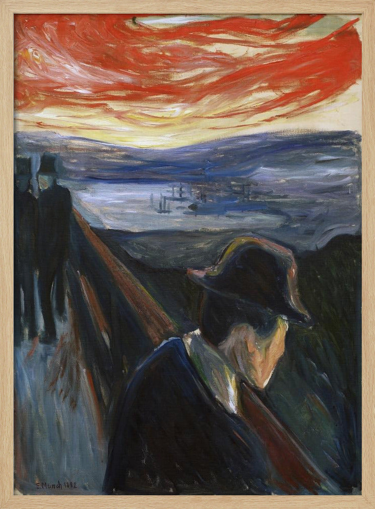 An expressionist painting by Edvard Munch titled 'Despair,' showing a man in a dark hat and coat from behind, leaning on a railing of a bridge under a turbulent red and orange sky. In the background, two other figures walk away, and a somber blue landscape with a fjord is visible. Poster