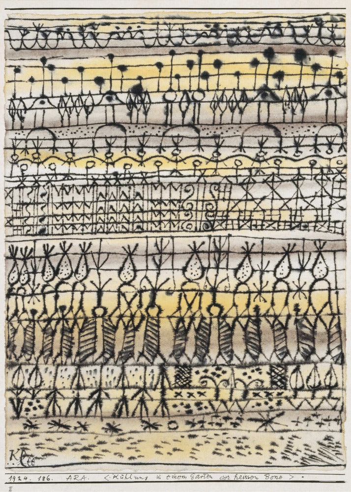 Abstract artwork by Paul Klee featuring a series of horizontal bands filled with intricate, black, hieroglyphic-like drawings and symbols. The background is a light paper with washes of yellow and grey watercolor. The piece is framed in black and has text at the bottom including the artist's signature. Poster