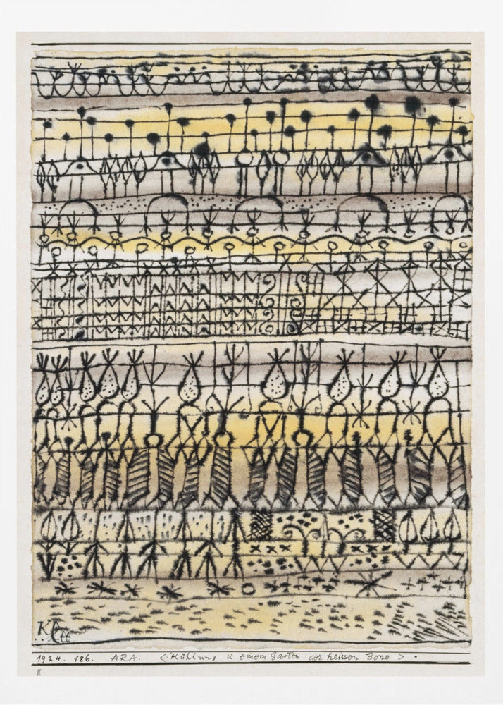 Abstract artwork by Paul Klee featuring a series of horizontal bands filled with intricate, black, hieroglyphic-like drawings and symbols. The background is a light paper with washes of yellow and grey watercolor. The piece is framed in black and has text at the bottom including the artist's signature. Poster