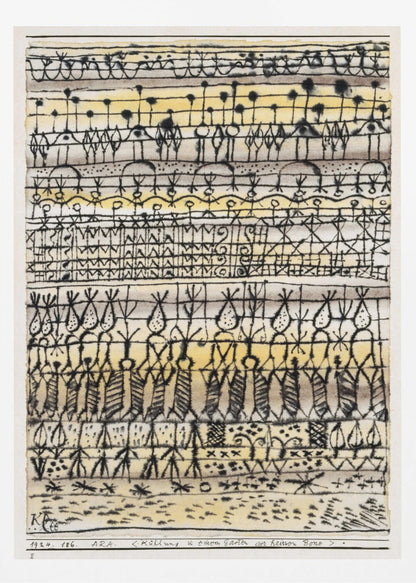 Abstract artwork by Paul Klee featuring a series of horizontal bands filled with intricate, black, hieroglyphic-like drawings and symbols. The background is a light paper with washes of yellow and grey watercolor. The piece is framed in black and has text at the bottom including the artist's signature. Poster