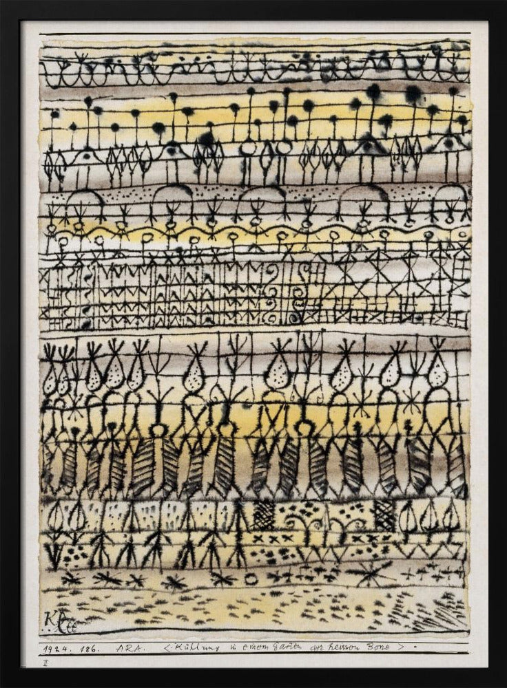 Abstract artwork by Paul Klee featuring a series of horizontal bands filled with intricate, black, hieroglyphic-like drawings and symbols. The background is a light paper with washes of yellow and grey watercolor. The piece is framed in black and has text at the bottom including the artist's signature. Poster