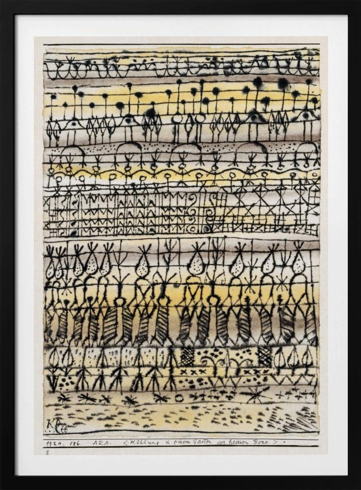 Abstract artwork by Paul Klee featuring a series of horizontal bands filled with intricate, black, hieroglyphic-like drawings and symbols. The background is a light paper with washes of yellow and grey watercolor. The piece is framed in black and has text at the bottom including the artist's signature. Poster