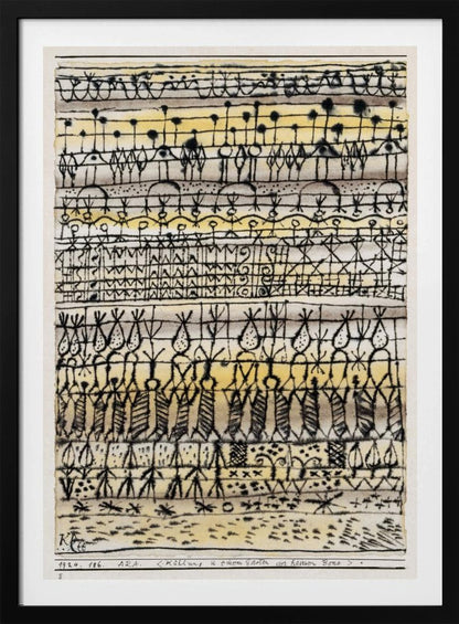 Abstract artwork by Paul Klee featuring a series of horizontal bands filled with intricate, black, hieroglyphic-like drawings and symbols. The background is a light paper with washes of yellow and grey watercolor. The piece is framed in black and has text at the bottom including the artist's signature. Poster
