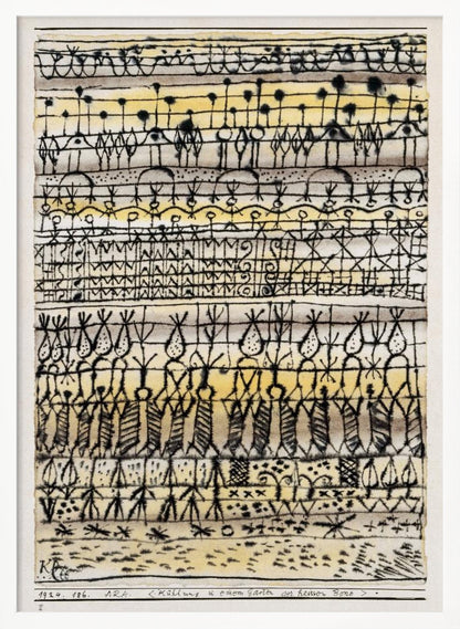 Abstract artwork by Paul Klee featuring a series of horizontal bands filled with intricate, black, hieroglyphic-like drawings and symbols. The background is a light paper with washes of yellow and grey watercolor. The piece is framed in black and has text at the bottom including the artist's signature. Poster