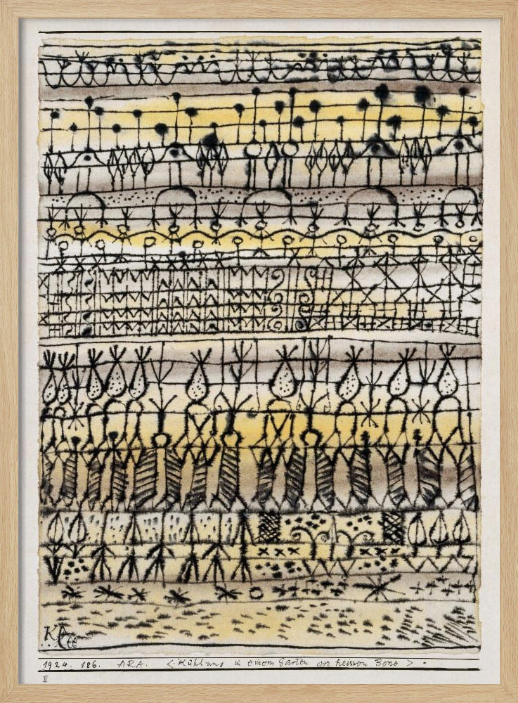 Abstract artwork by Paul Klee featuring a series of horizontal bands filled with intricate, black, hieroglyphic-like drawings and symbols. The background is a light paper with washes of yellow and grey watercolor. The piece is framed in black and has text at the bottom including the artist's signature. Poster