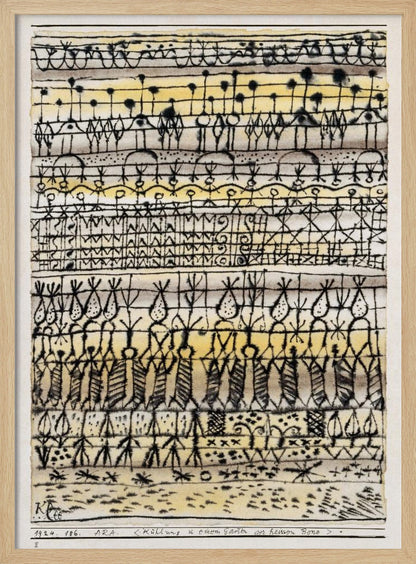 Abstract artwork by Paul Klee featuring a series of horizontal bands filled with intricate, black, hieroglyphic-like drawings and symbols. The background is a light paper with washes of yellow and grey watercolor. The piece is framed in black and has text at the bottom including the artist's signature. Poster