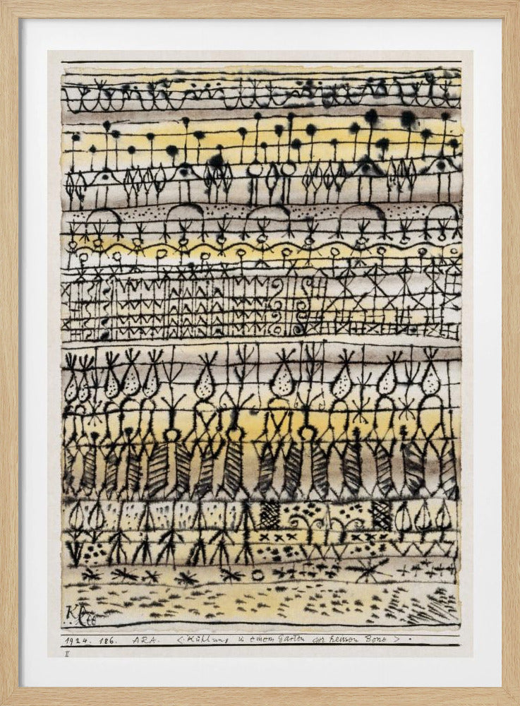 Abstract artwork by Paul Klee featuring a series of horizontal bands filled with intricate, black, hieroglyphic-like drawings and symbols. The background is a light paper with washes of yellow and grey watercolor. The piece is framed in black and has text at the bottom including the artist's signature. Poster
