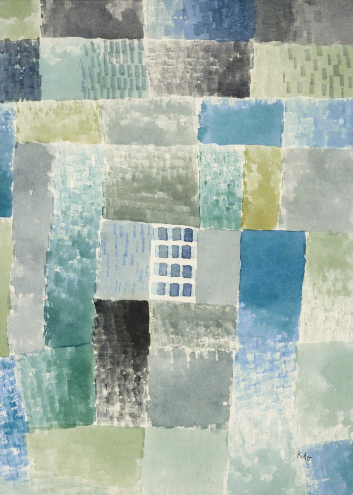 An abstract watercolor painting composed of a grid of rectangular patches in various shades of blue, green, and grey. The patches have a textured, layered appearance, and near the center is a small, distinct grid of blue squares resembling a window. The artist's signature is visible in the bottom right corner. Print