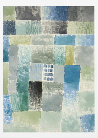 An abstract watercolor painting composed of a grid of rectangular patches in various shades of blue, green, and grey. The patches have a textured, layered appearance, and near the center is a small, distinct grid of blue squares resembling a window. The artist's signature is visible in the bottom right corner. Print