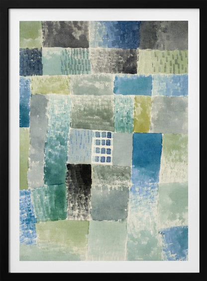 An abstract watercolor painting composed of a grid of rectangular patches in various shades of blue, green, and grey. The patches have a textured, layered appearance, and near the center is a small, distinct grid of blue squares resembling a window. The artist's signature is visible in the bottom right corner. Print
