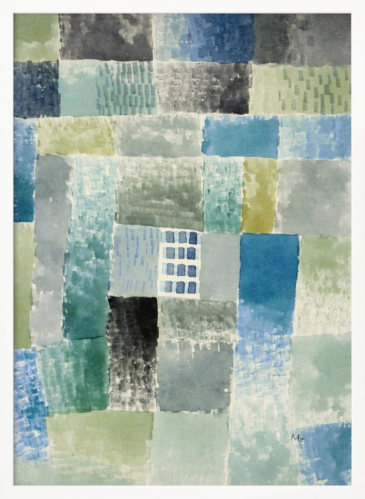 An abstract watercolor painting composed of a grid of rectangular patches in various shades of blue, green, and grey. The patches have a textured, layered appearance, and near the center is a small, distinct grid of blue squares resembling a window. The artist's signature is visible in the bottom right corner. Print