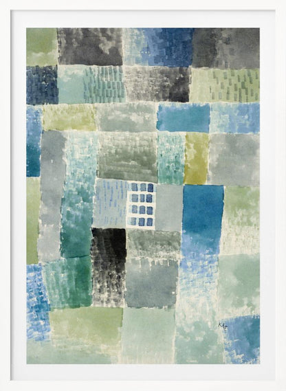 An abstract watercolor painting composed of a grid of rectangular patches in various shades of blue, green, and grey. The patches have a textured, layered appearance, and near the center is a small, distinct grid of blue squares resembling a window. The artist's signature is visible in the bottom right corner. Print
