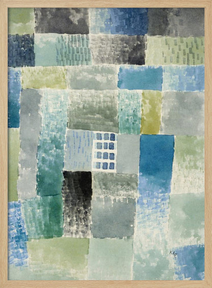 An abstract watercolor painting composed of a grid of rectangular patches in various shades of blue, green, and grey. The patches have a textured, layered appearance, and near the center is a small, distinct grid of blue squares resembling a window. The artist's signature is visible in the bottom right corner. Print